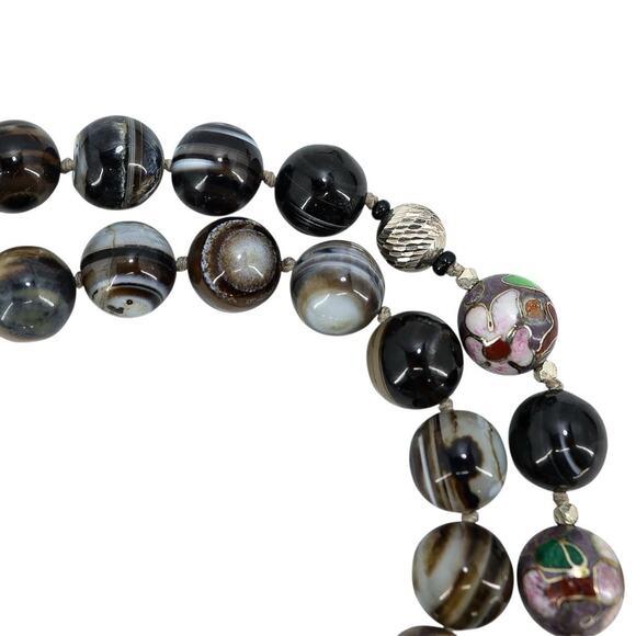 Vintage Style Banded Agate Cloisonne & Sterling Silver Beaded Necklace 24” Boho - Picture 6 of 7